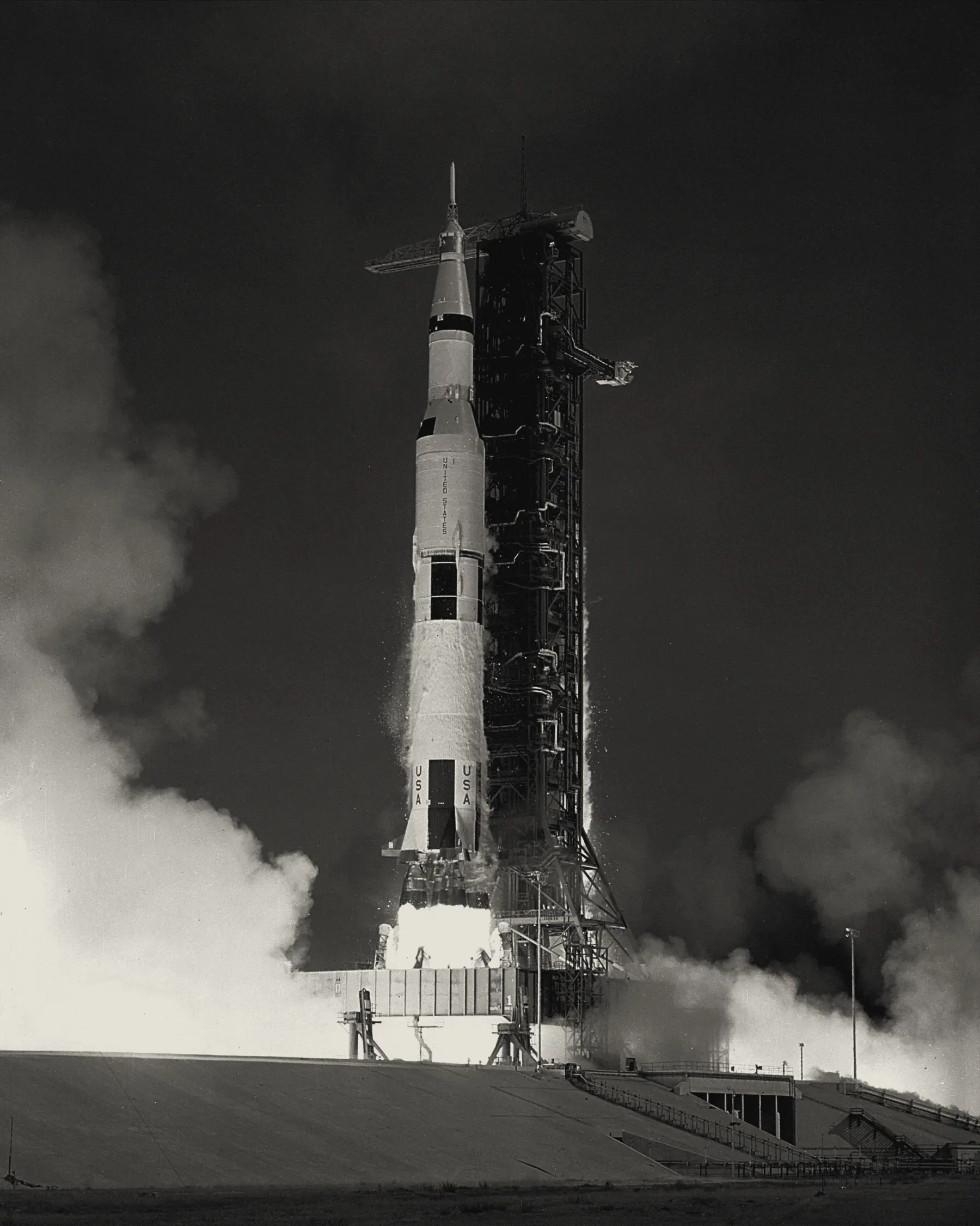Apollo 11's Saturn V rocket lifting off from Kennedy Space Center